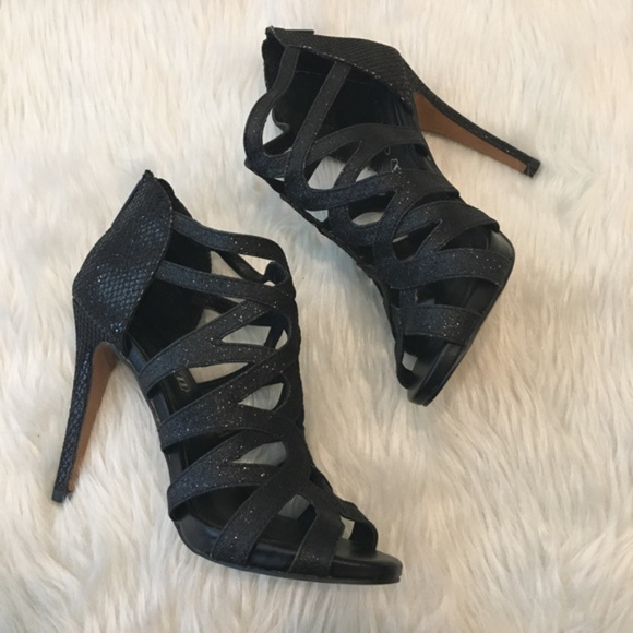 Aldo black sparkle peep toe zippered heels - Picture 1 of 8